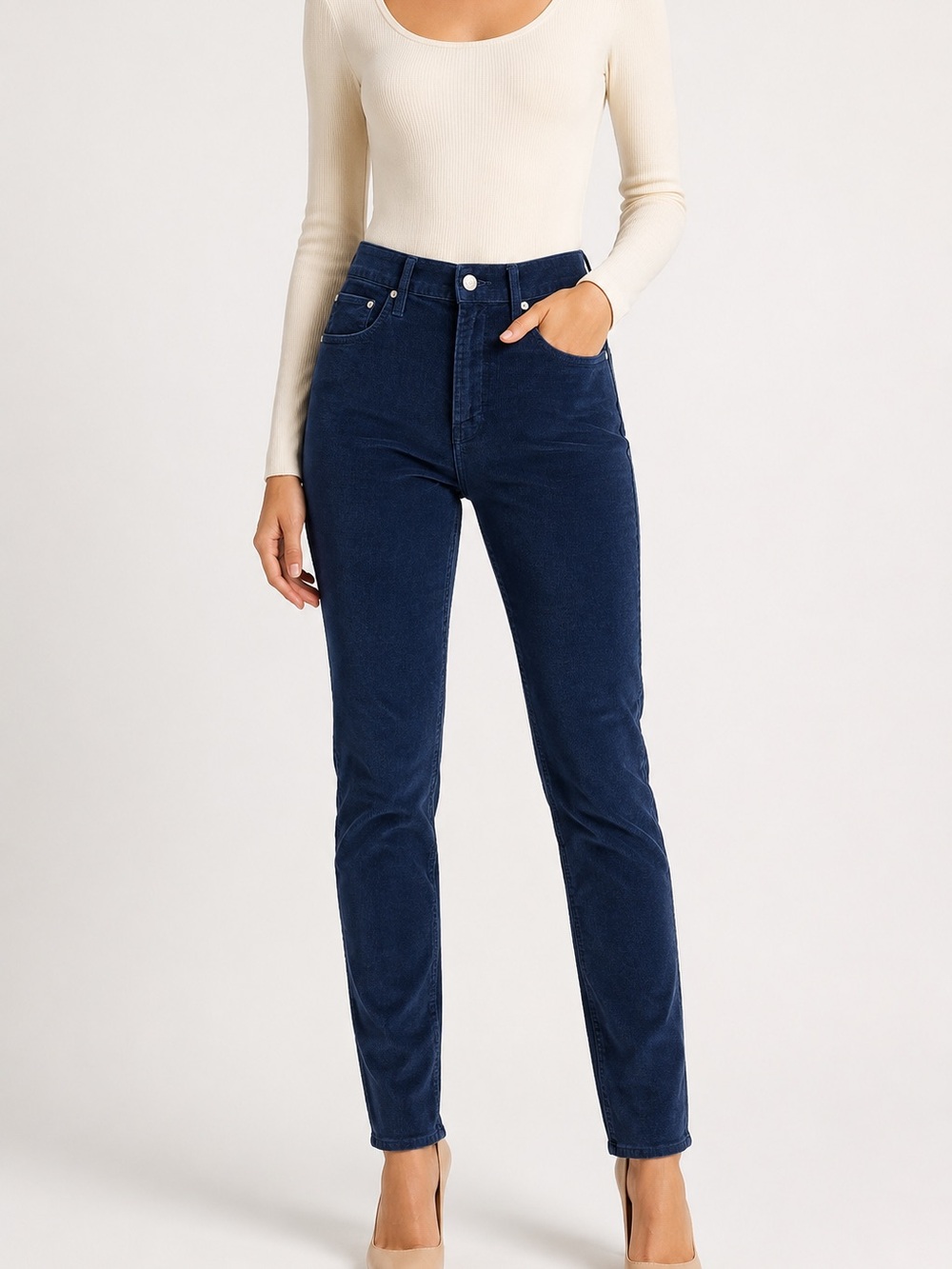 MOTHER Navy Fine Corduroy High Rise Straight Jeans 32